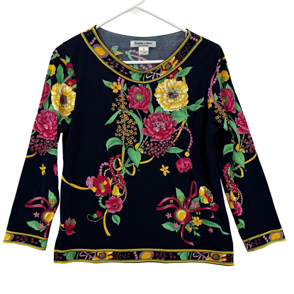 Jacqueline de Michel Womens Small Floral Rhinestone Long Sleeve Hawaii Tunic Top